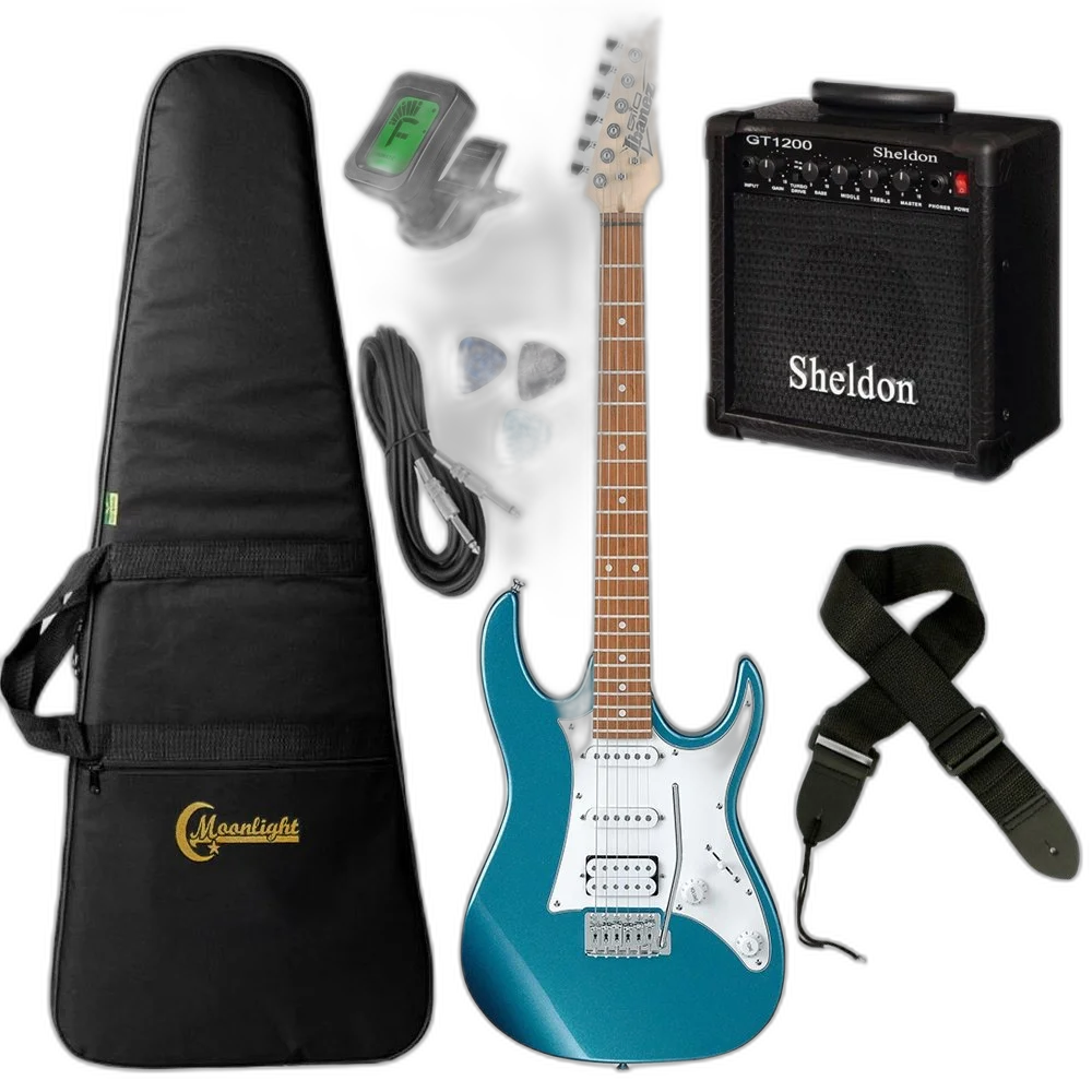 Kit Guitarra Ibanez Gio grx 40 Azul hss Metallic Light Blue c/ Amplificador Bag Luxo, Afinador, Cabo, Correia e Palhetas