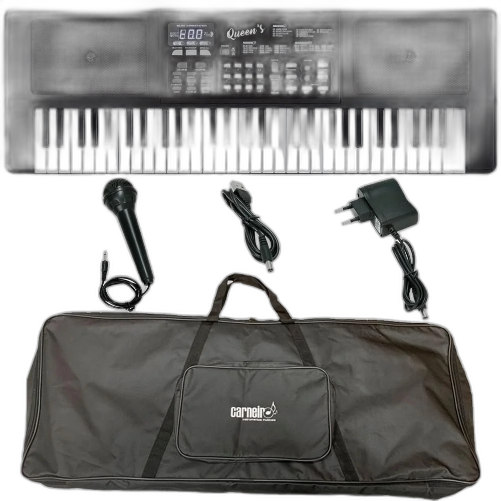Teclado Iniciante Queens 61 Teclas Com Fonte Microfone Capa