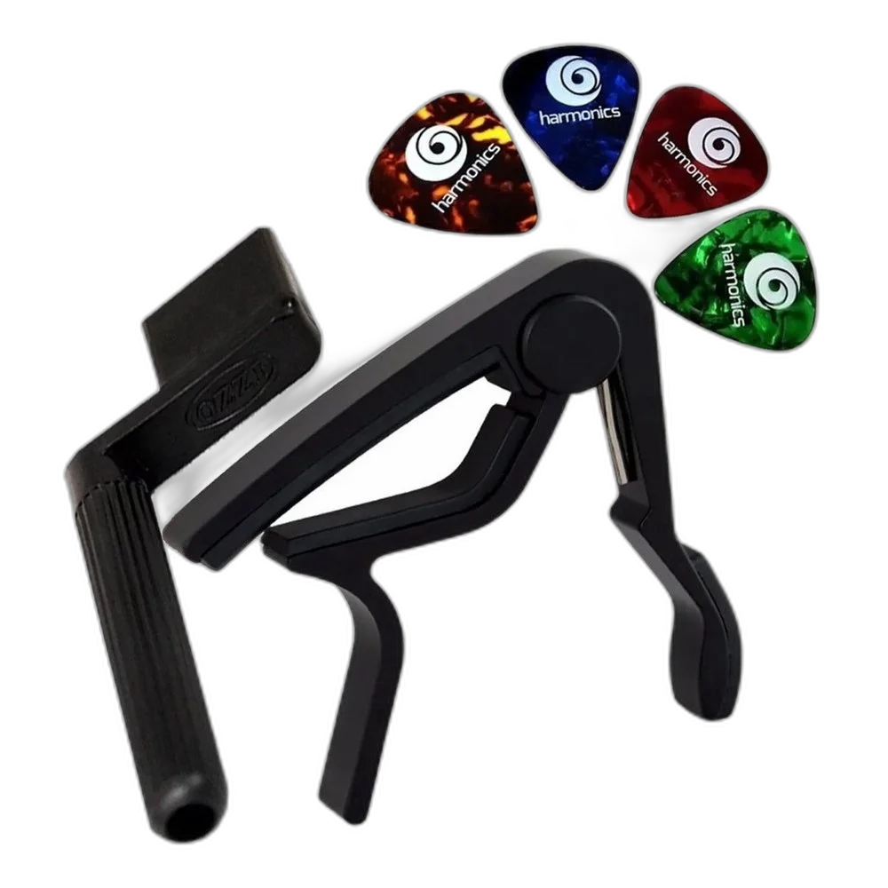 Kit Para Violão Capotraste Braçadeira + Encordoador + 4 Palhetas Harmonics