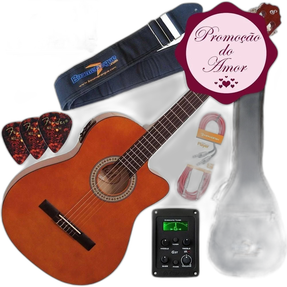 Kit Violão Giannini Flat Eletroacústico Nf14 Nt Nylon Com Afinador + Correia + Capa + Cabo + Palheta