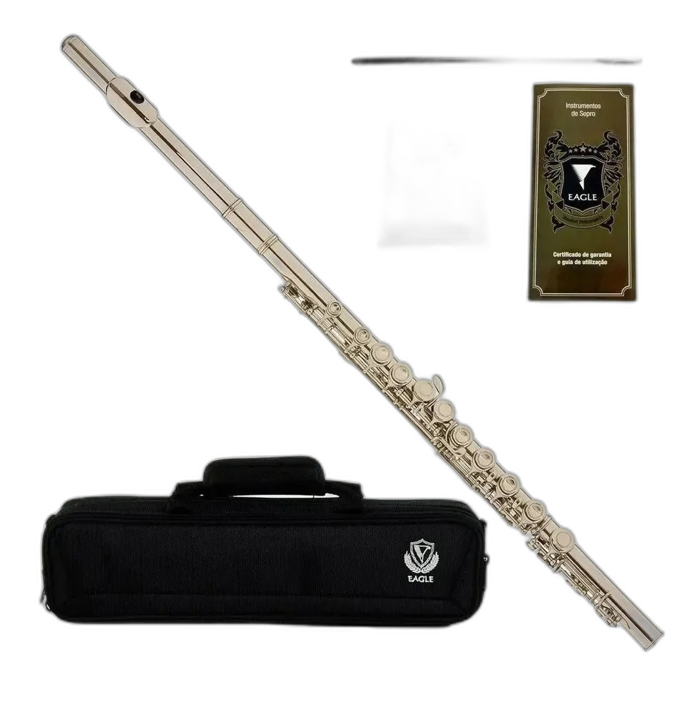 Flauta Transversal Eagle FL03N Niquelada Dó com 16 Chaves Fechadas Sistema Boehm Mecanismo Mi Automático e Estojo Super Luxo
