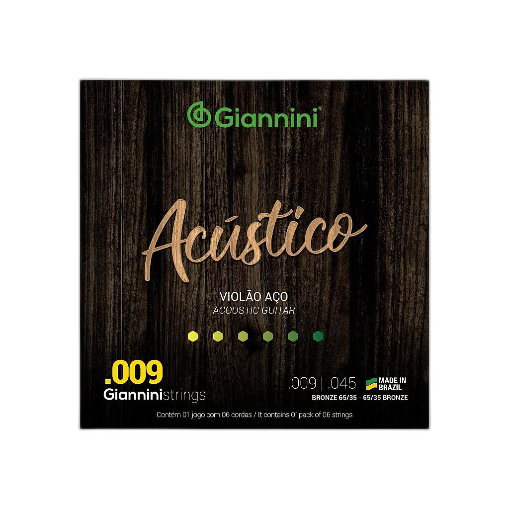 Encordoamento Violão Aço 6 Cordas Giannini Acústico Bronze 65/35 GESWAL (.009 – .045)