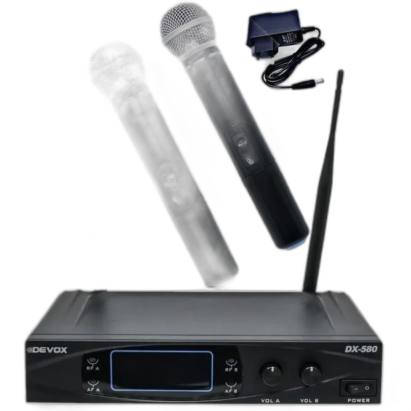Microfone Sem Fio Duplo Com Visor Digital Devox Uhf Dx-580
