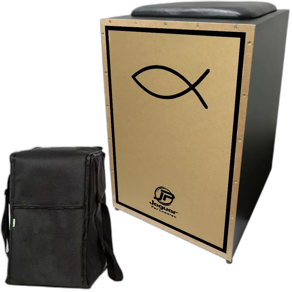 Cajon Jaguar Eletroacústico PB002 EQ Estampa Gospel Peixe + Capa