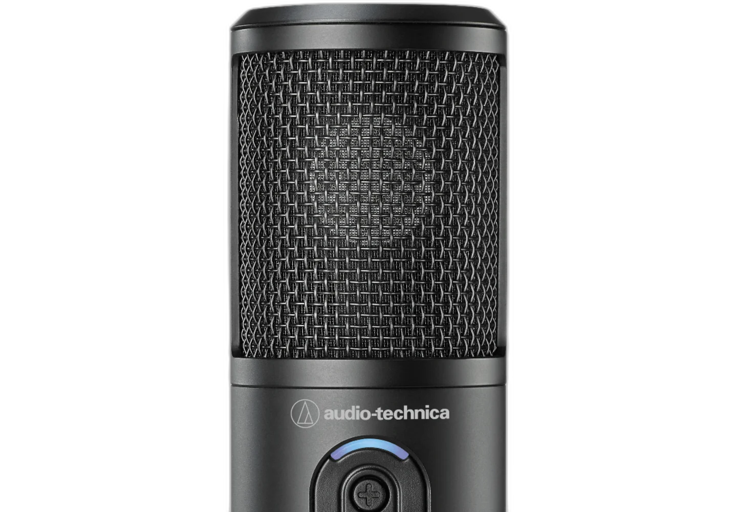 ATR2500x-USB montado em um braço articulado em um setup de streaming