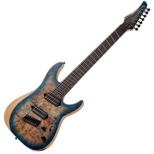 Guitarra Schecter Reaper-7 Multiscale SSKYB Satin Sky Burst 7 Cordas com Captadores Schecter USA SuperCharger Mach-6 HH e Ponte Hipshot Hardtail 1510