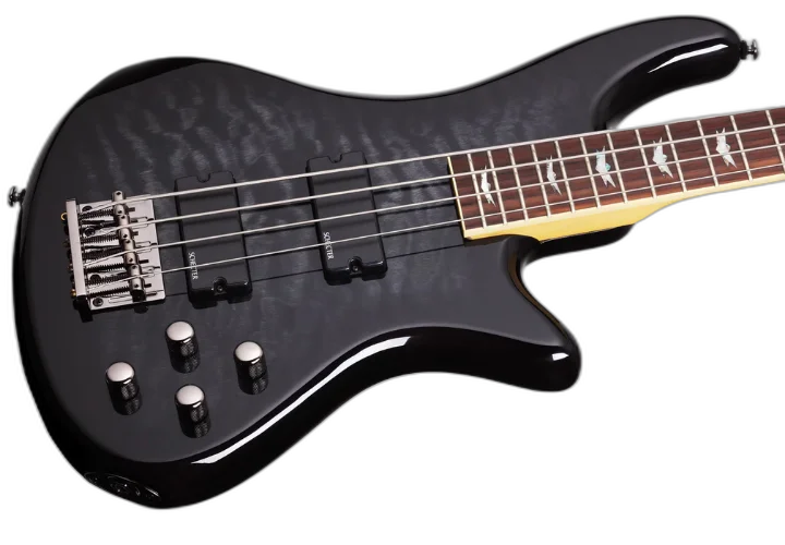 Contrabaixo Schecter Stiletto Extreme-4 See-Thru Black Top Maple Figured Captadores Diamond Bass Humbucker Eletrônica Ativa 2 Bandas 2503