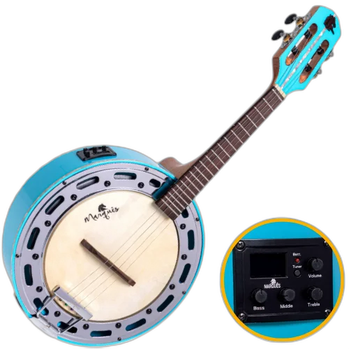 Banjo Eletroacústico Marquês BAJ-143BLEQ Azul Brilho com Aro Cromado Pele Caprina 8" Equalizador Ativo A-20 3 Bandas Afinador e Som Percussivo Penetrante