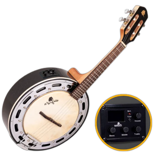 Banjo Eletroacústico Marquês BAJ-143BKEQ Preto Brilho com Aro Cromado Pele Caprina 8" Equalizador Ativo A-20 3 Bandas Afinador e Som Percussivo Penetrante