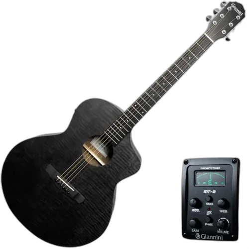 Violão Eletroacústico Giannini Acoustik GJM CEQ SBK Satin Black Aço com Corpo Mini Jumbo Cutaway e Equalizador MT-3 3 Bandas e Bag