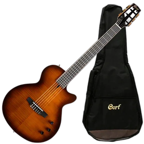 Violão Eletroacústico Cort Sunset Nylectric DLX TSB Tobacco Sunburst Gloss Clássico Nylon com Tampo Spruce Sólido Flamed Maple e Fishman S-Core VTB e Bag