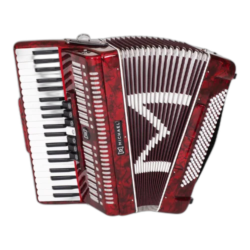 Acordeon Michael ACM12007N Vermelho Perolado 120 Baixos 7 Registros 3ª Voz 41 Teclas Palhetas Aço Inoxidável Fole Linho Couro Bag e Alça
