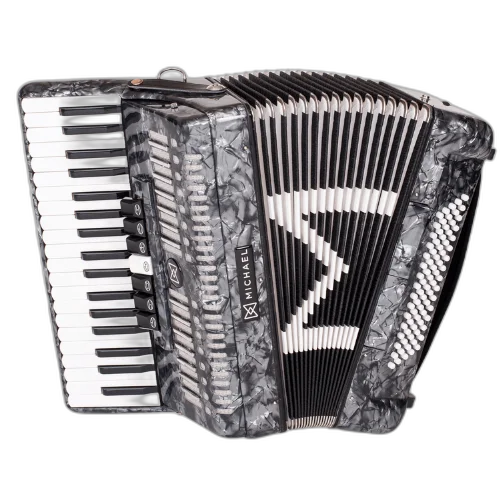 Acordeon Michael ACM8007N Preto Perolado 80 Baixos 7 Registros Terça de Voz 37 Teclas Palhetas Aço Inoxidável Fole Linho Couro Bag com Rodinhas e Alça
