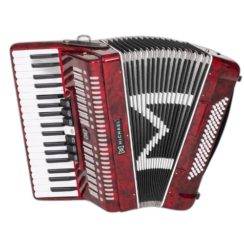 Acordeon Michael ACM8007N Vermelho Perolado 80 Baixos 7 Registros Terça de Voz 37 Teclas Palhetas Aço Inoxidável Fole Linho Couro Bag com Rodinhas e Alça