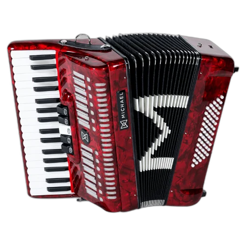 Acordeon Michael ACM6005N Vermelho Perolado 60 Baixos 5 Registros 3ª Voz 34 Teclas Palhetas Aço Inoxidável Fole Linho Couro Bag Mochila com Rodinhas e Alça