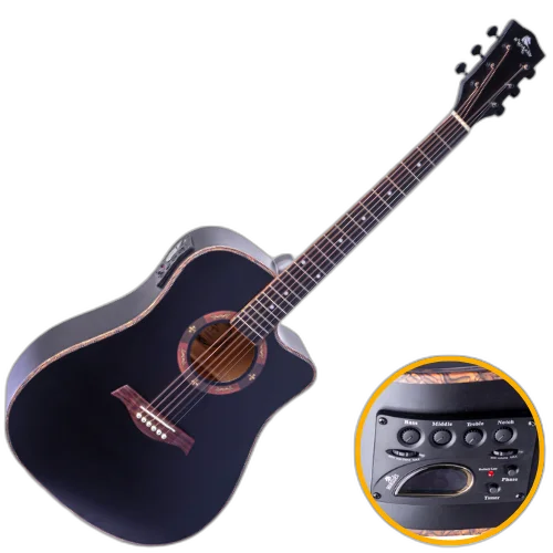 Violão Eletroacústico Aço Marquês VA-228 BKS EQ Preto Fosco com Corpo Folk Cutaway e Pré MET-A08 4 Bandas Afinador Microfone Interno