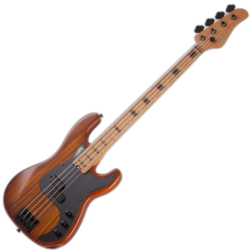 Contrabaixo Schecter P-4 Exotic Faded Vintage Sunburst com Corpo em Swamp Ash e Topo em Zebrawood Braço Roasted Maple Reforço de Carbon Fiber Escala Roasted Maple Captador EMG Metal Works Ponte Schecter High Mass Bass String 2927