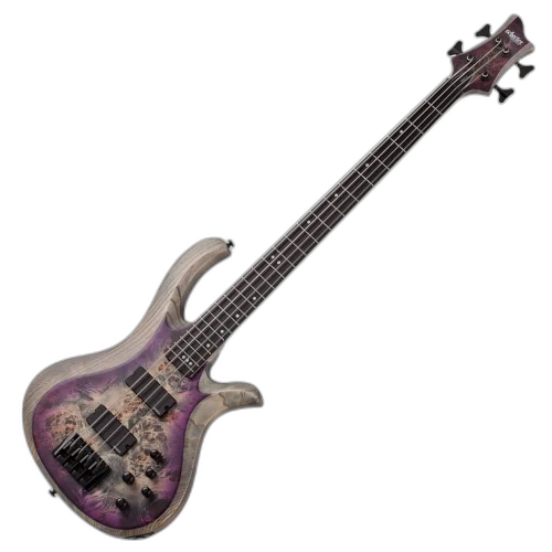 Contrabaixo Schecter Riot-4 Bass 4 Cordas Aurora Burst com Corpo em Swamp Ash e Topo Burl Exótico Braço Bolt-on Multi-Ply Maple/Nogueira com Reforço de Carbon Fiber Escala em Ébano Ponte Schecter Custom Bass String Thru 1450