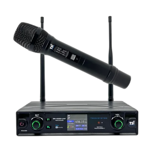 Microfone Sem Fio TSI BR 4500 UHF com Tecnologia Duo-Diversity e 100 Canais – Sistema UHF 614 698 MHz com Receptor True Diversity Microfone de Mão Super Cardióide SC-8 Fonte Bivolt