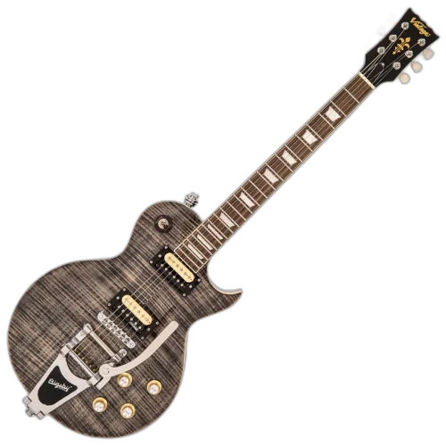 Guitarra Vintage Reissued V100BLB With Bigsby Flamed Thru Black com Corpo Mahogany Top Maple Carved Flamed Braço Mahogany Set Neck Escala Rosewood 2 Captadores Humbucker Wilkinso Ponte Wilkinson TOM Vibrato Bigsby