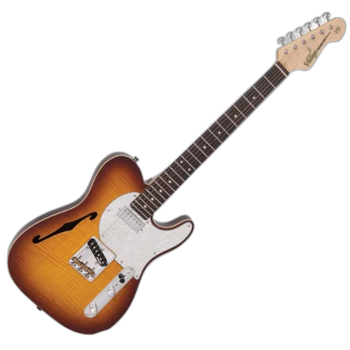 Guitarra Vintage Reissued V72FBT Deluxe Flame Tabacco Burst com Corpo Alder Chambered Tampo Maple Flamejado Braço Maple Parafusado Escala Rosewood 2 Captadores Wilkinson Ponte Hardtail WTB Compensada