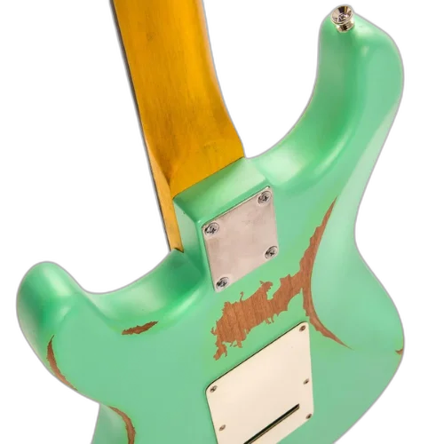 Guitarra Vintage V6 Icon Distressed Ventura Green com Corpo Poplar Braço Maple Escala Rosewood 22 Trastes 3 Captadores Single Coil Wilkinson WVS Ponte Vibrato Wilkinson