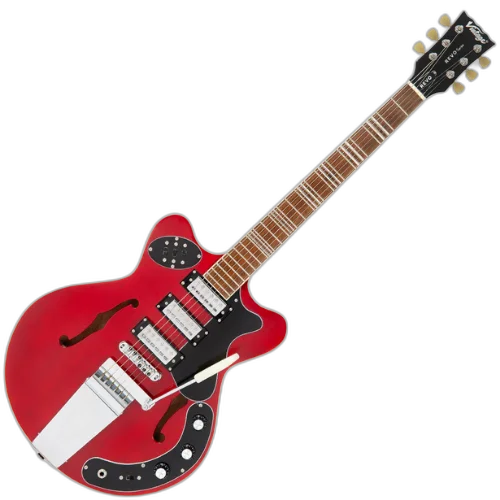 Guitarra Vintage Revo Series Superthin Cherry Red com Corpo Okoume Braço Mogno Escala Jatobá 22 Trastes 3 Captadores Entwistle HFS63 Ponte Roller Vibrato Vintage