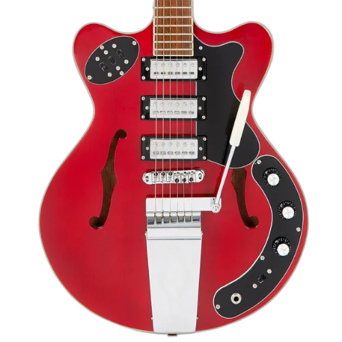 Guitarra Vintage Revo Series Superthin Cherry Red com Corpo Okoume Braço Mogno Escala Jatobá 22 Trastes 3 Captadores Entwistle HFS63 Ponte Roller Vibrato Vintage