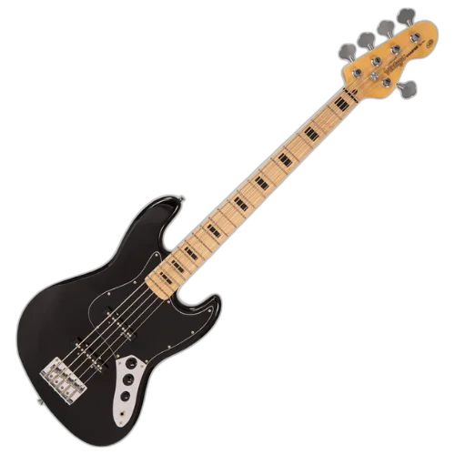 Contrabaixo Vintage V495 Coaster Series 5 Cordas Gloss Black com Corpo Paulownia Braço Maple Escala Maple 20 Trastes 2 Captadores Single Coil Entwistle Ponte Intonatable