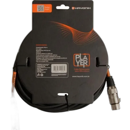 Cabo Para Microfone Player XLR(F) x XLR(M) 10m Preto Hayonik