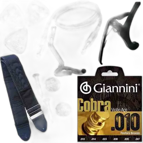 Kit Acessórios Para Violão C/ Correia Cabo Cordas Capotraste
