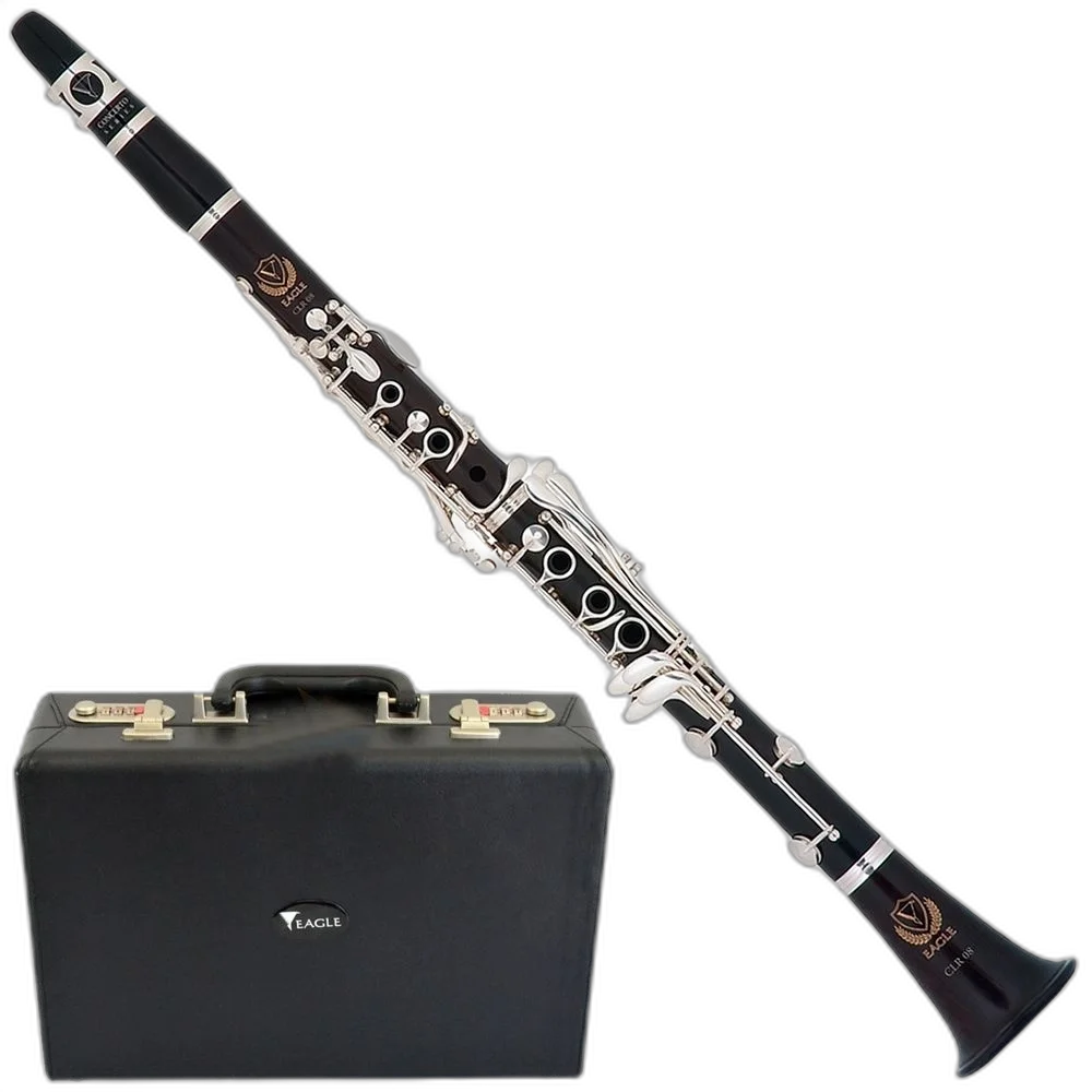 Clarinete Eagle CLR08 Ébano Sib com 17 Chaves Prateadas Sistema Boehm Acabamento Acetinado e Estojo Super Luxo