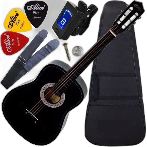 Kit Violão Acústico Barato Nylon Preto  C/ Capa + Acessórios